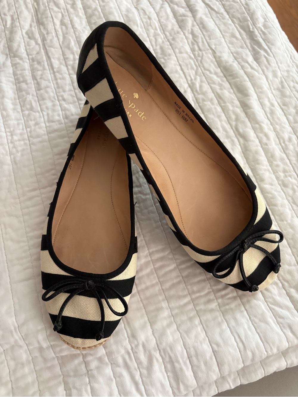 kate spade Black and Cream Striped Bow Ballet Flats Espadrille Size 10